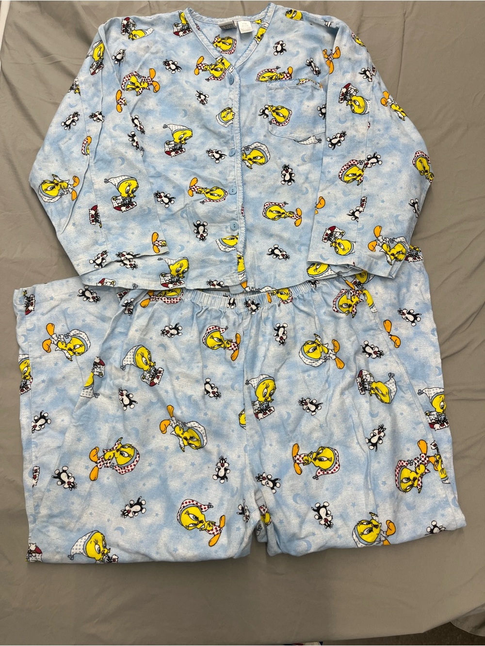 Vintage Warner Bros. Light Blue Tweety Bird Button-Front Pajama Set Size 1X-2X